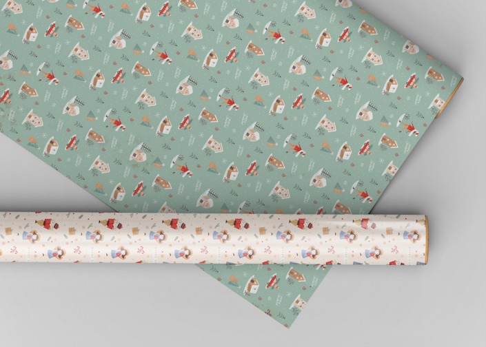 Christmas Gift Wrapping Paper with Nutcracker, Angels and Houses