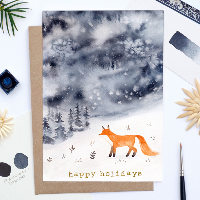 Holiday Card with Watercolor Fox