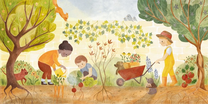 Children with animals doing gardening activities