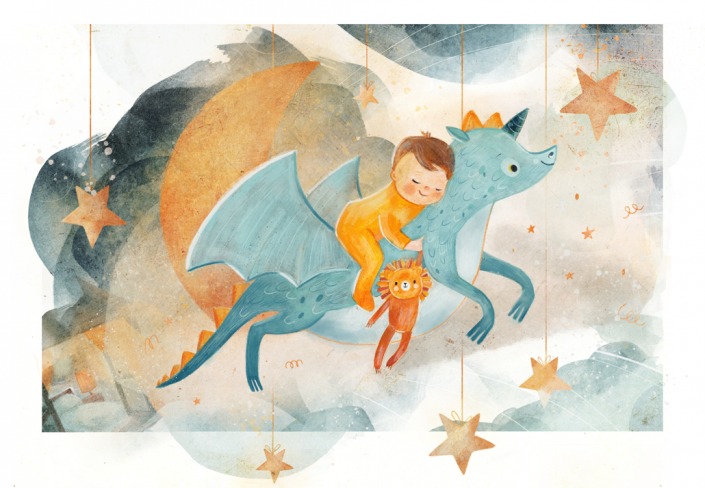 Boy riding on a dragon holding a lion toy