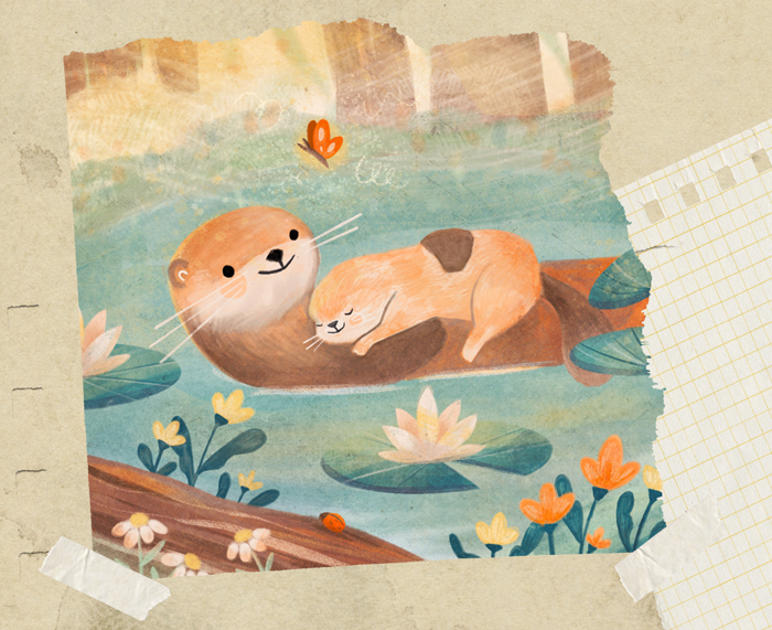 Mother and baby otter in the water with water lilies
