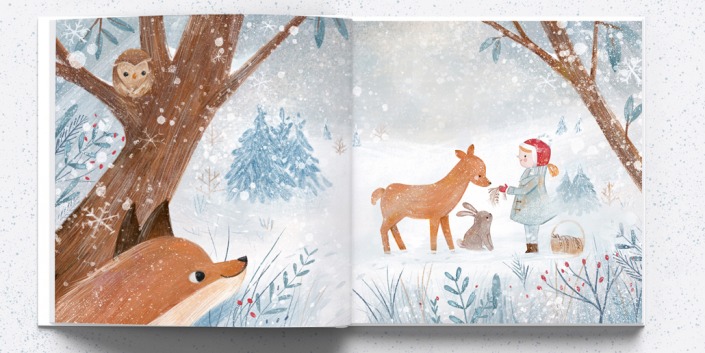 Girl feeding a deer and a bunny in a snowscape. A fox is looking at them.