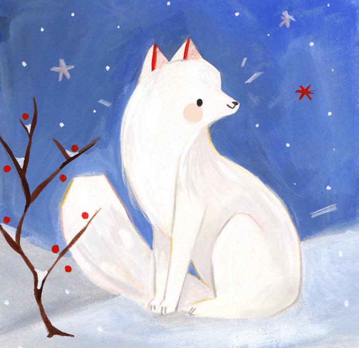 A polar fox sitting in the snow