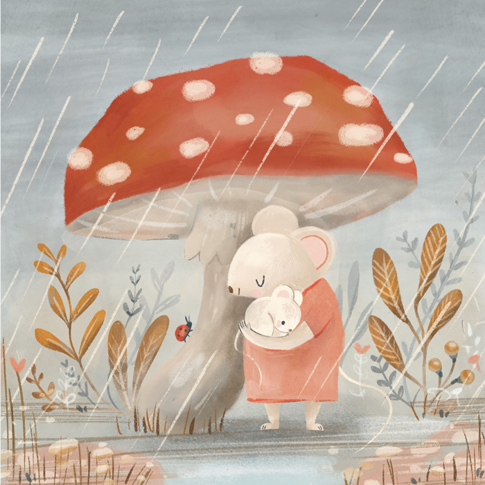 Mouse and her baby hiding under an umbrella from the rain